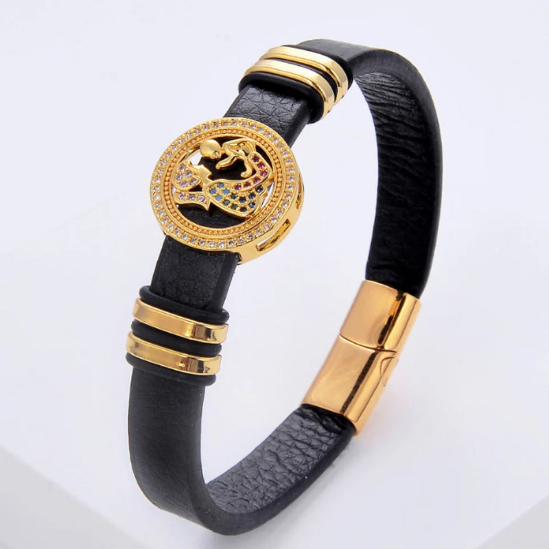 Mixed CZ Zironia Bracelet Woman Leather Rope Stainless Steel Hand Bracelet