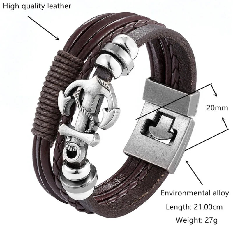 Vintage Layered Leather Bracelet for Men Women Bangle Charm Anchor Bracelet