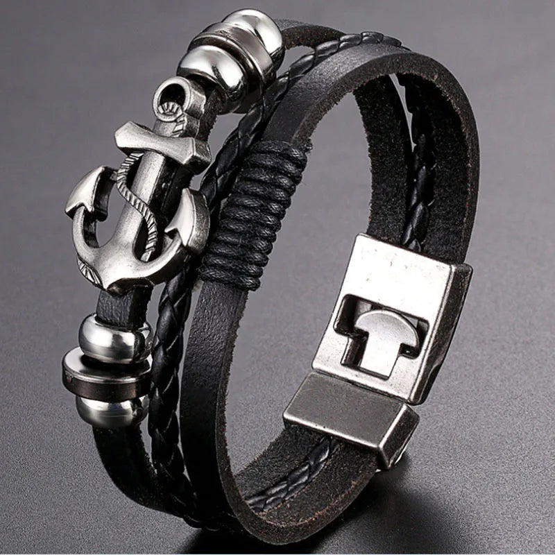 Vintage Layered Leather Bracelet for Men Women Bangle Charm Anchor Bracelet