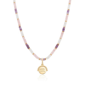Zodiac Coin Pastel Quartz Beaded Necklace Stainless Steel Pendant Choker