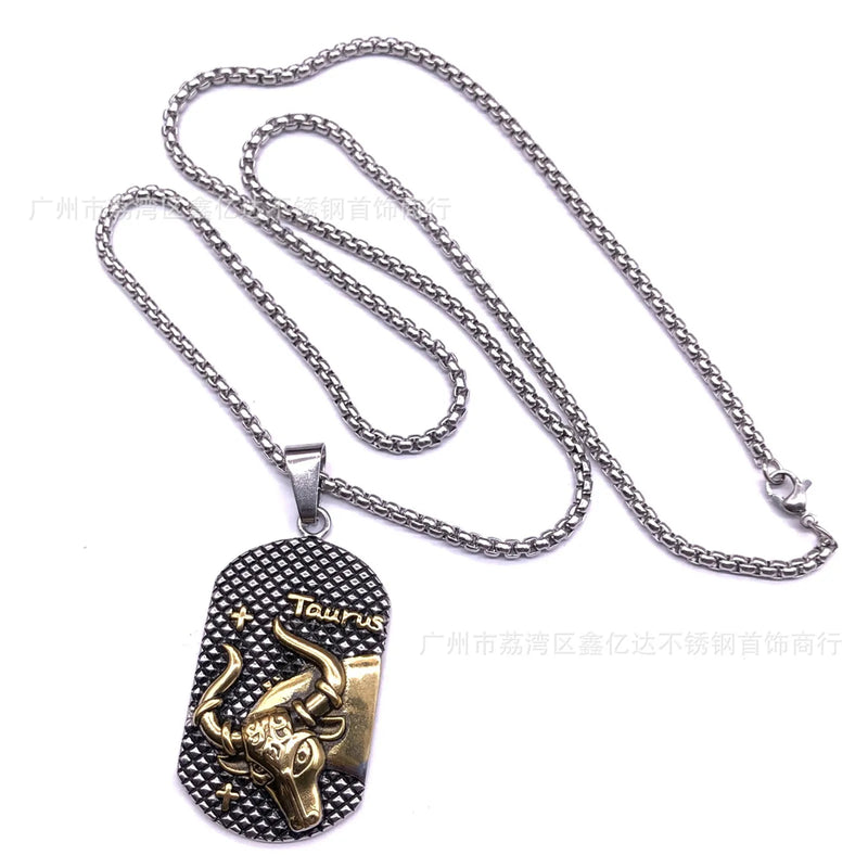 Zodiac Sign Pendant Stainless Steel Necklace Retro Vintage Astrology Jewelry