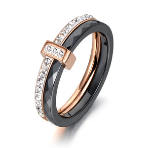 Black/White Ceramic Crystal Wedding Rings Rose Stainless Steel Engagement