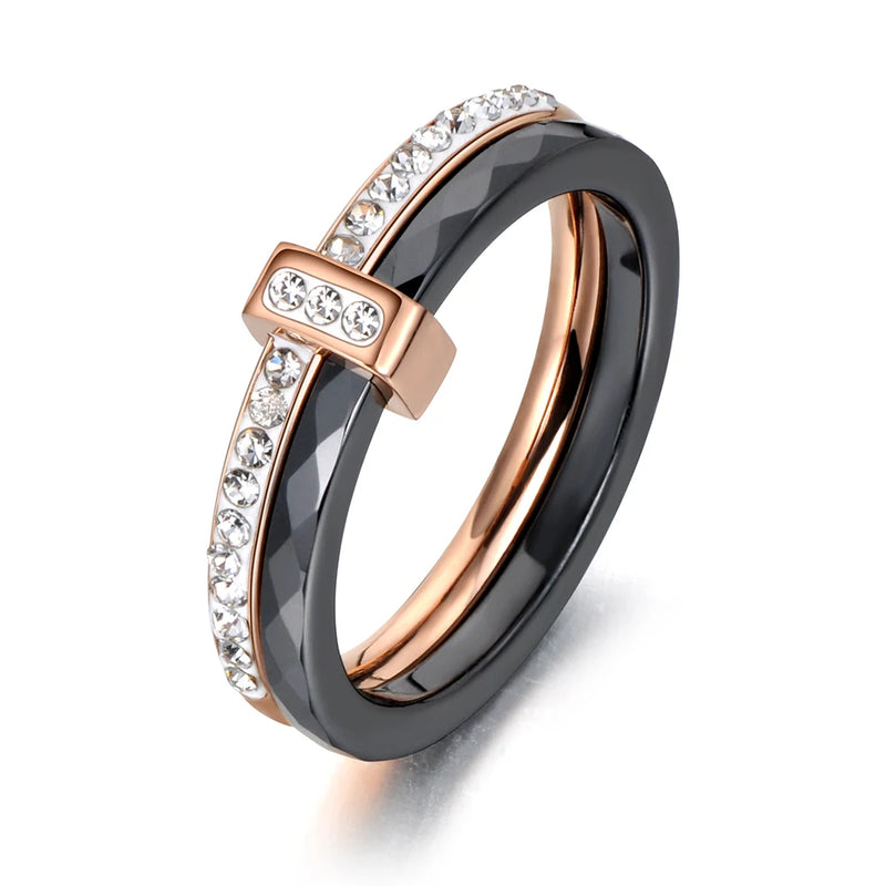 Black/White Ceramic Crystal Wedding Rings Rose Stainless Steel Engagement