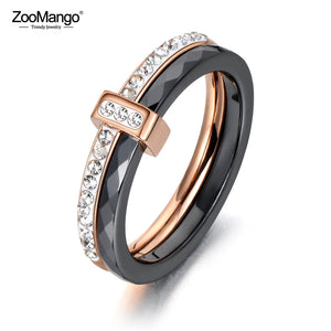 Black/White Ceramic Crystal Wedding Rings Rose Stainless Steel Engagement