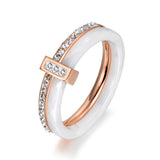 Black/White Ceramic Crystal Wedding Rings Rose Stainless Steel Engagement