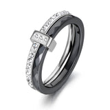 Black/White Ceramic Crystal Wedding Rings Rose Stainless Steel Engagement