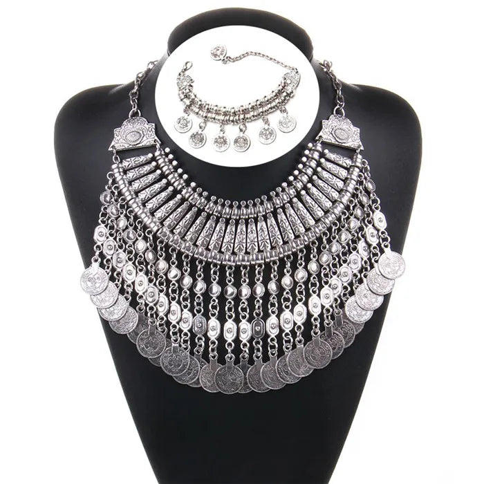 Boho Antique Coin Necklace African Statement Tibetan Tassel Pendant