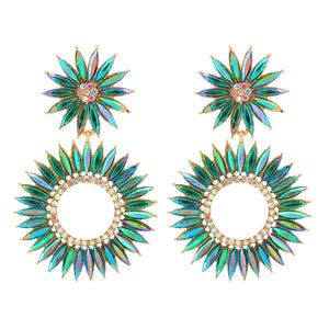 Crystal Round Pendant Flower Dangle Earrings Gothic Statement Jewelry