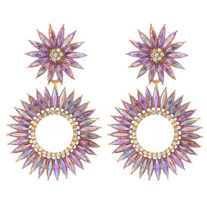 Crystal Round Pendant Flower Dangle Earrings Gothic Statement Jewelry