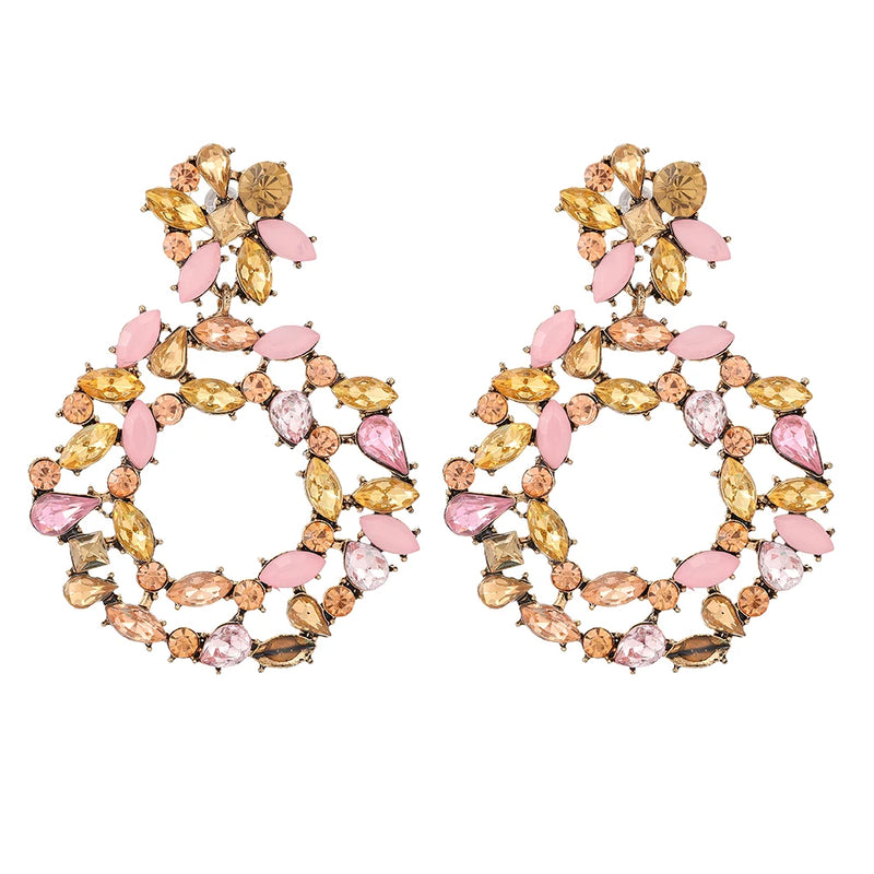 Pink Crystal Earrings Big Round Oval Pendant Party Jewelry