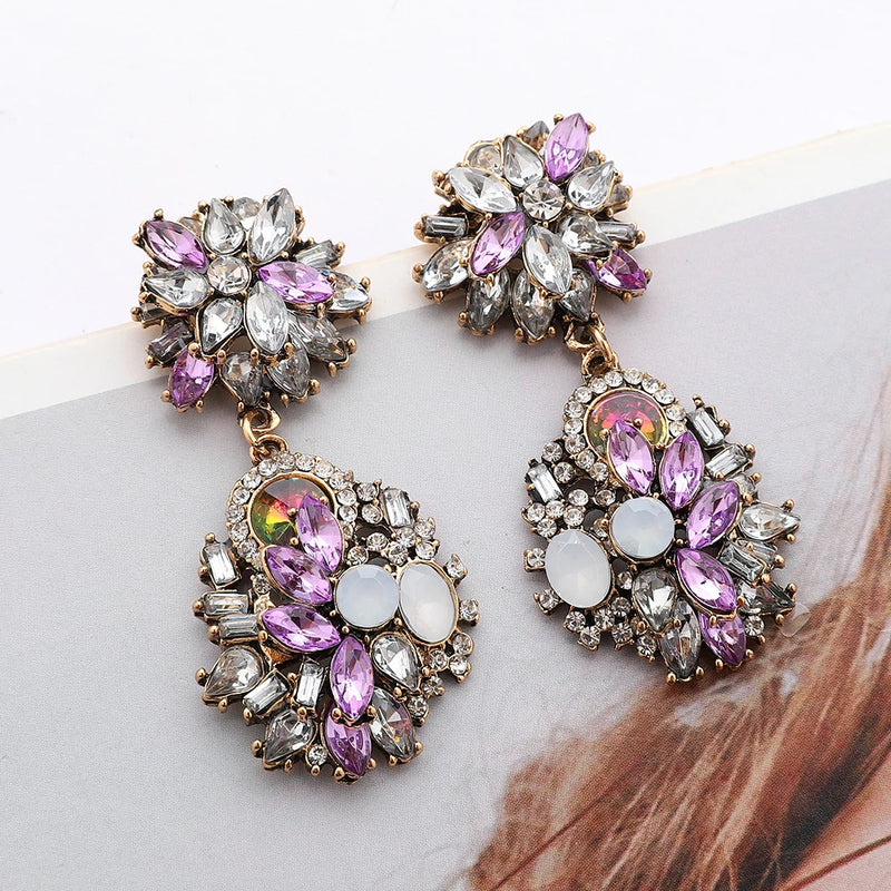 Purple Statement Earrings Round Square Pendant