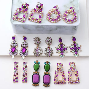 Purple Statement Earrings Round Square Pendant