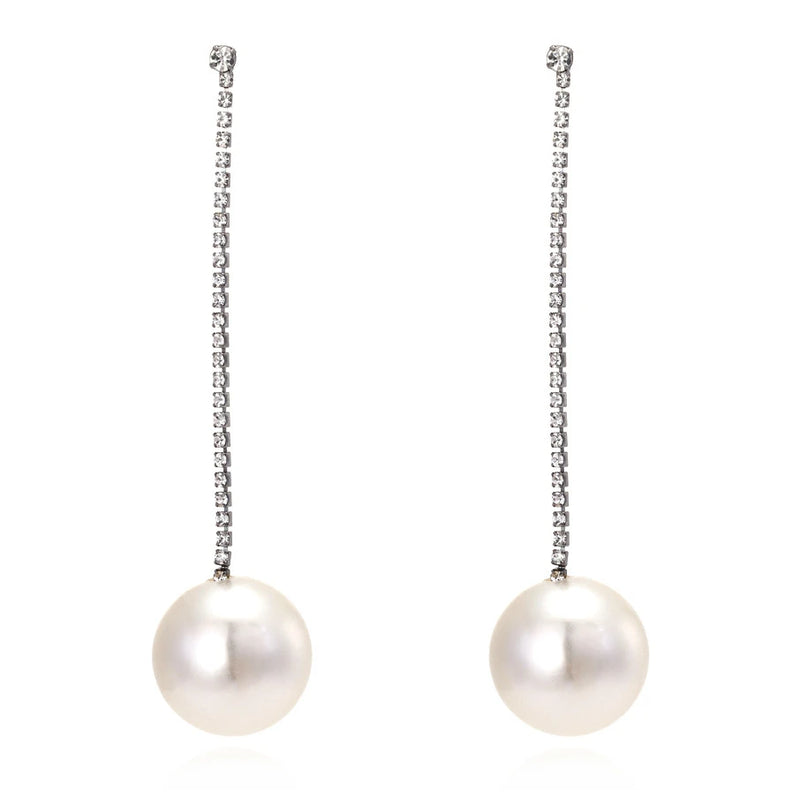 Long Rhinestone Pearl Tassel Earrings
