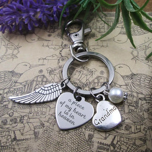 Heaven Grandma Angel Wing Keychain with Stainless Steel Keyring