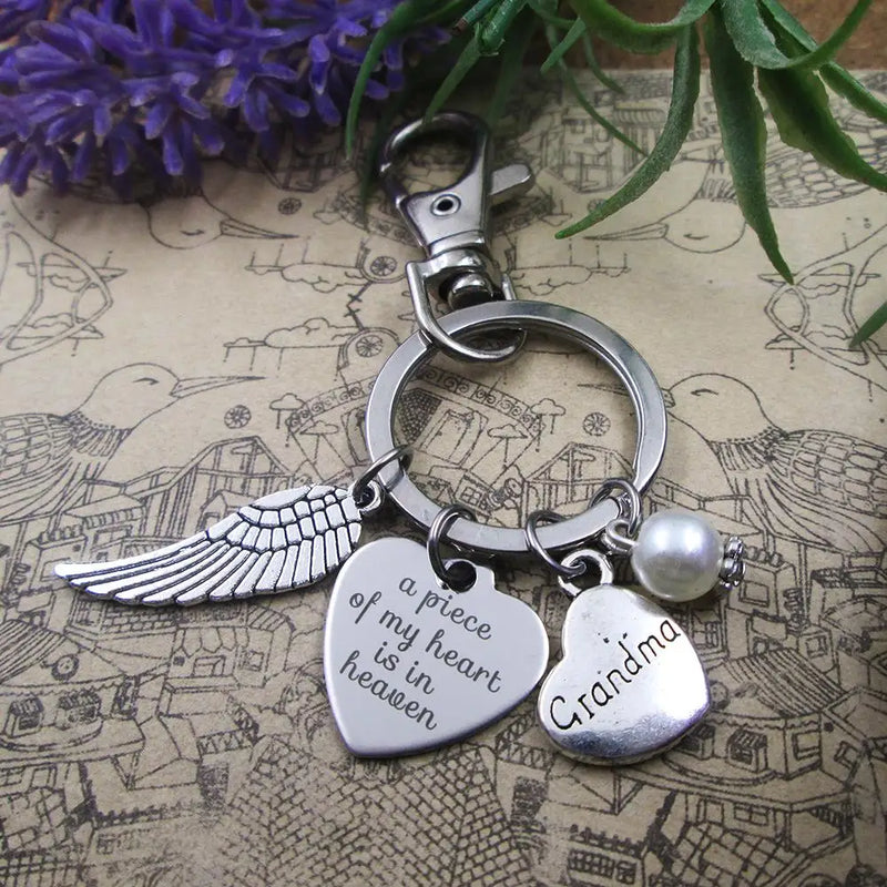 Heaven Grandma Angel Wing Keychain with Stainless Steel Keyring