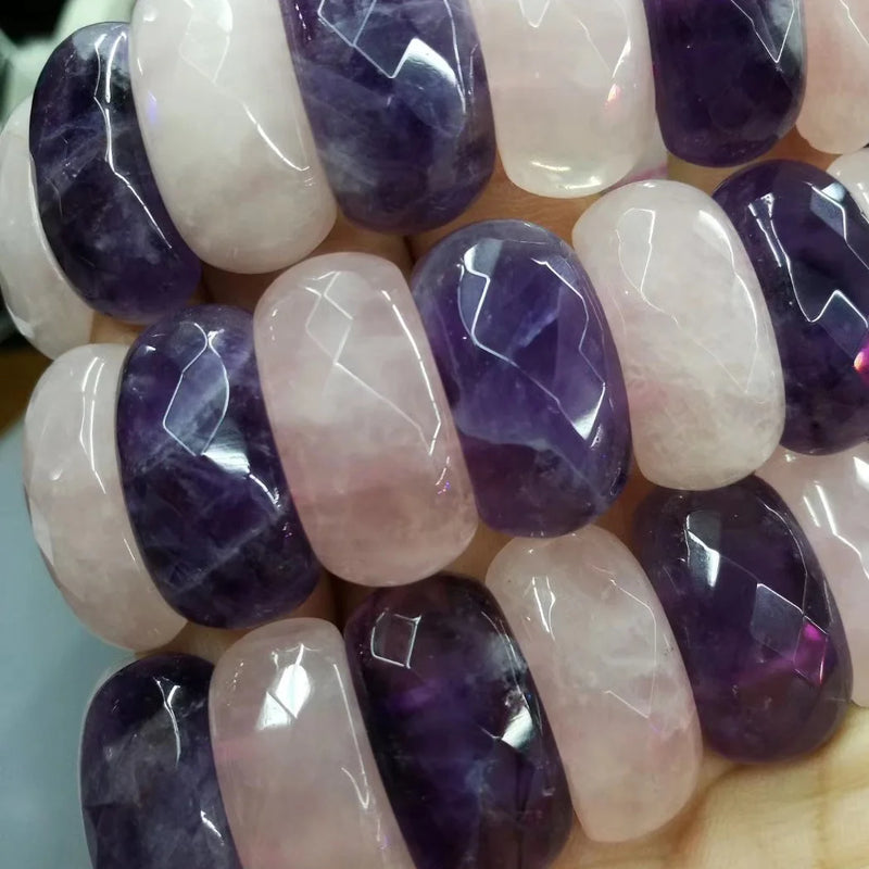 Amethyst & Rose Quartz Beads Bracelet Natural Gemstone Jewelry Bangle