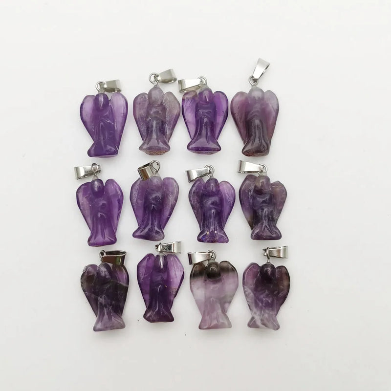Amethyst Angel Stone Pendant 12pc Wing Charm Necklace for Jewelry Making