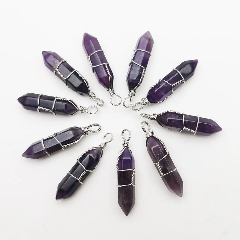 Amethyst Wire Winding Crystal Pillar Pendants for Jewelry Making