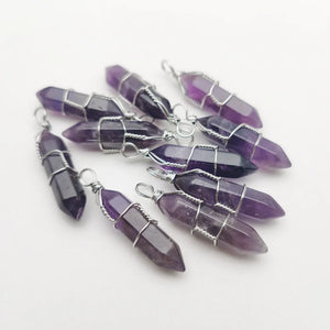 Amethyst Wire Winding Crystal Pillar Pendants for Jewelry Making