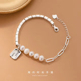 925 Silver Baroque Pearl Bracelet Square Cube Chain Wrist C-S4547