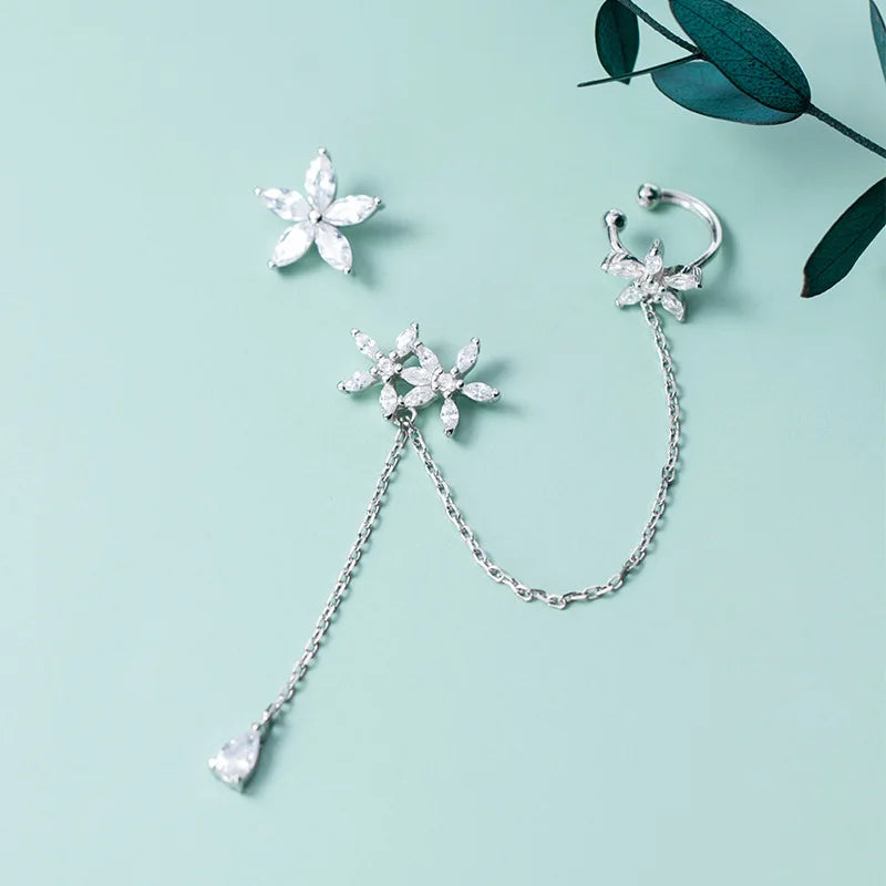 925 Sterling Silver Floral Flower CZ &Waterdrop Climber Stud Earrings