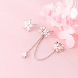 925 Sterling Silver Floral Flower CZ &Waterdrop Climber Stud Earrings