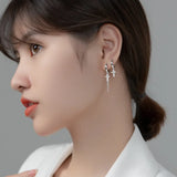 925 Silver CZ Cross Ear Hoop Chain Tassel Earrings