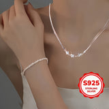 Two Piece Set 925 Sterling Silver Floral Pendant Necklace and Bracelet