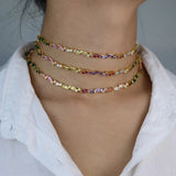 Rainbow CZ Station Chain Choker Necklace Colorful Jewelry