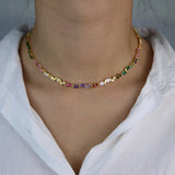 Rainbow CZ Station Chain Choker Necklace Colorful Jewelry