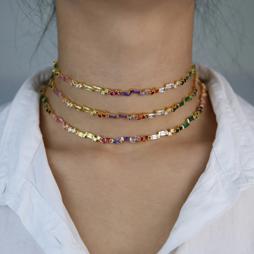 Rainbow CZ Station Chain Choker Necklace Colorful Jewelry