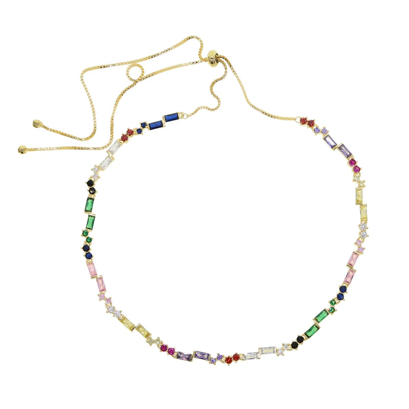 Rainbow CZ Station Chain Choker Necklace Colorful Jewelry