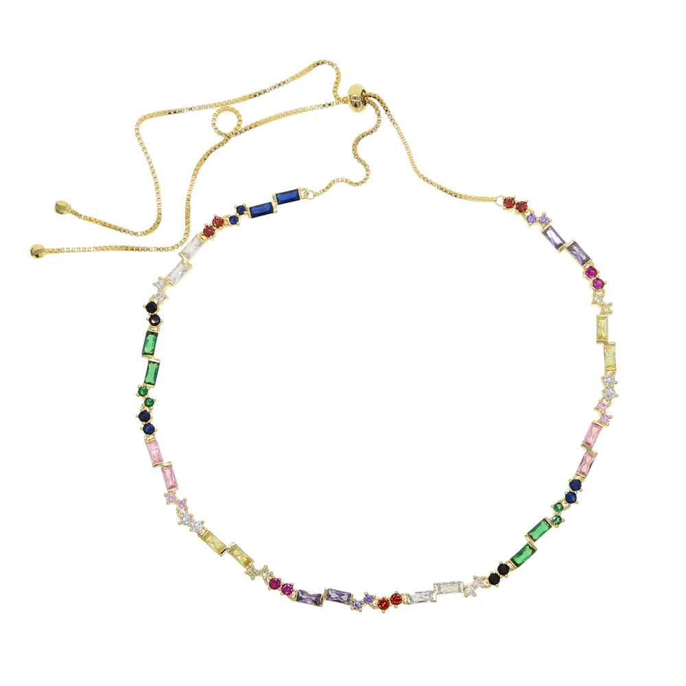Rainbow CZ Station Chain Choker Necklace Colorful Jewelry