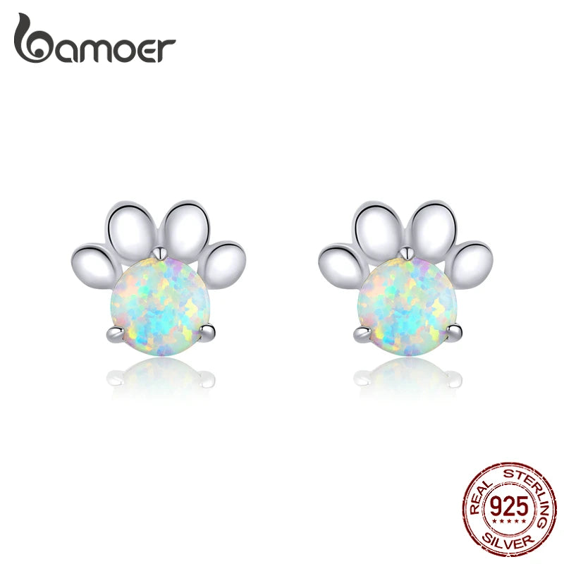 Sterling Silver Opal Pet Paw Stud Earrings Wedding Jewelry