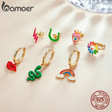 Enamel Rainbow Earring 925 Sterling Silver Love Eye Red Lip Snake Sunflower Pink