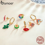 Enamel Rainbow Earring 925 Sterling Silver Love Eye Red Lip Snake Sunflower Pink
