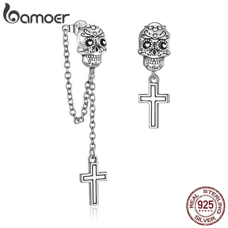 925 Sterling Silver Skull Cross Stud Earrings Women Jewelry