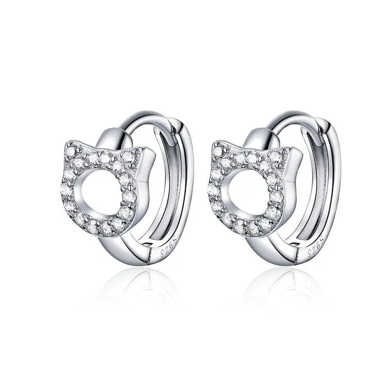 Cat Star Round Hoop Earrings Sterling Silver 925