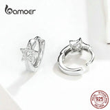 Cat Star Round Hoop Earrings Sterling Silver 925