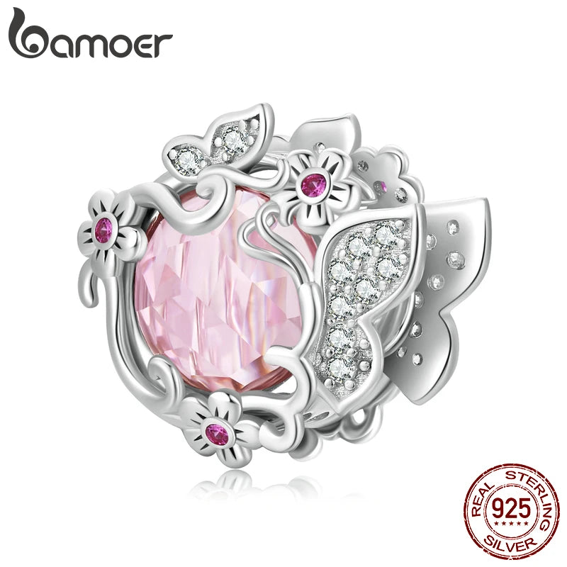 925 Silver Butterfly Pink Zircon Beads Charm Bracelet Fine Jewelry