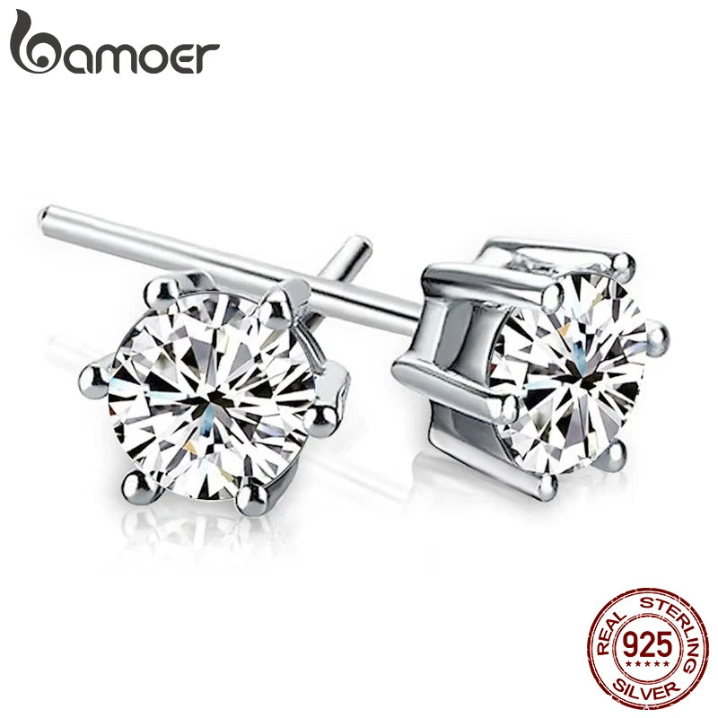 925 Silver CZ Stud Earrings Platinum Plated Round Cubic Zirconia Hypoallergenic