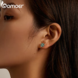 925 Silver Clover Stud Earrings Hypoallergenic Green Enamel Ear Studs