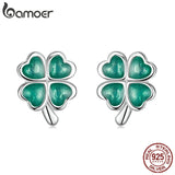 925 Silver Clover Stud Earrings Hypoallergenic Green Enamel Ear Studs