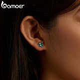 925 Silver Clover Stud Earrings Hypoallergenic Green Enamel Ear Studs