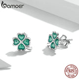 925 Silver Clover Stud Earrings Hypoallergenic Green Enamel Ear Studs