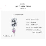925 Sterling Silver Heart Pendant Flower Charm Bracelet Beads Women Jewelry