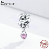 925 Sterling Silver Heart Pendant Flower Charm Bracelet Beads Women Jewelry