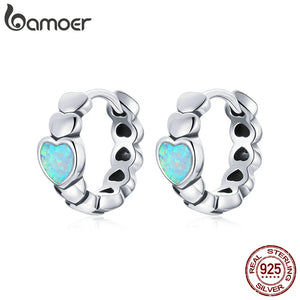 925 Silver Rainbow Love Hoop Earrings Opal Heart Women Jewelry