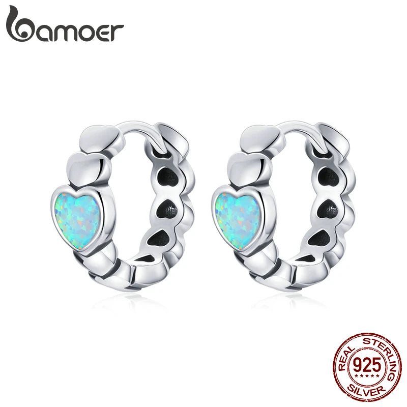 925 Silver Rainbow Love Hoop Earrings Opal Heart Women Jewelry