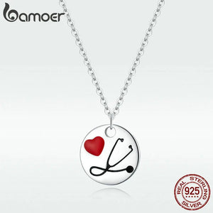 925 Silver Stethoscope Heart Coin Necklace Health Professional Gift